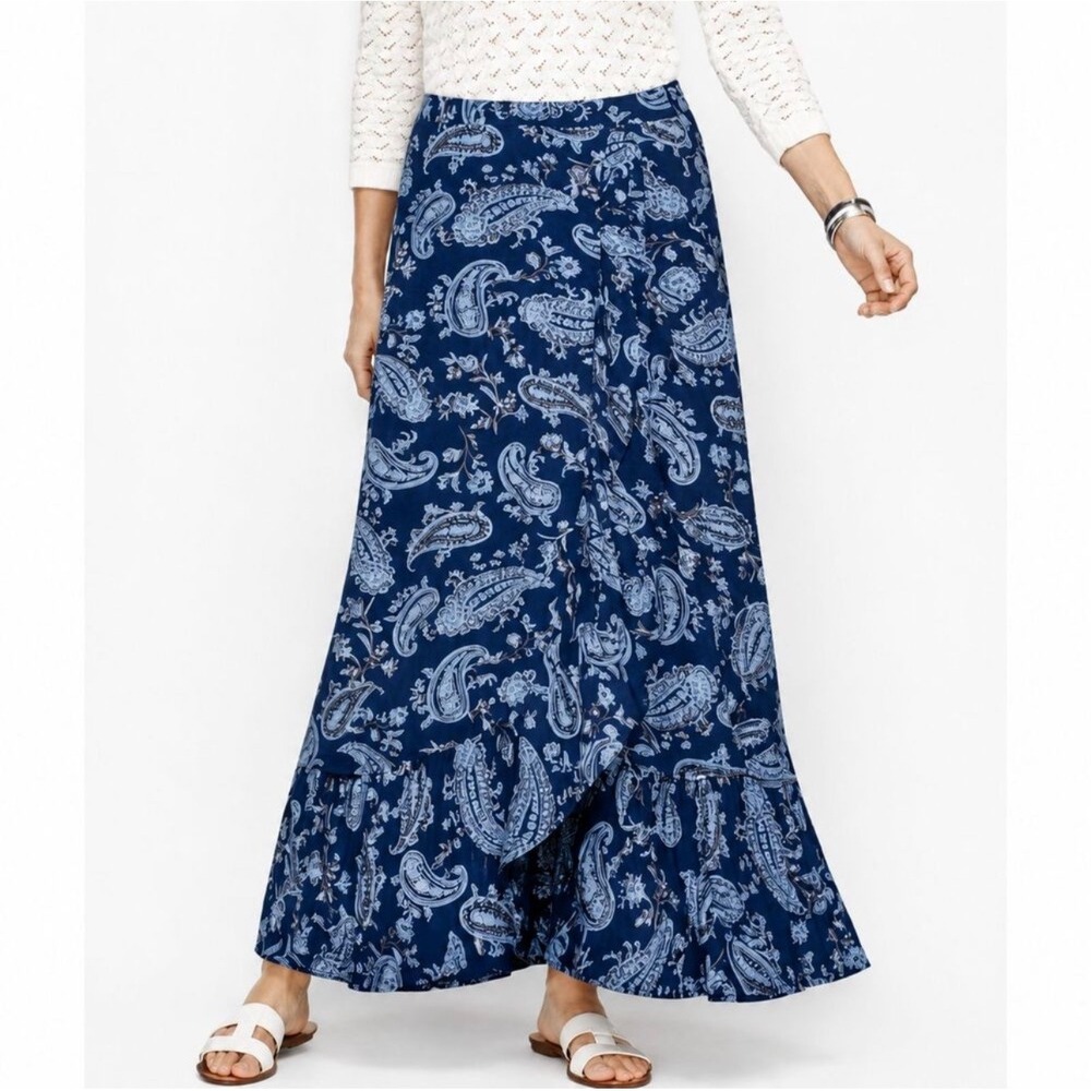 Talbots Skirt L Large Blue Paisley Ruffle Faux Wrap Maxi Jersey Knit Nautical